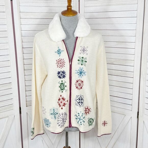 Karen Scott Vintage Snowflake Faux Fur Collar Wool Cardigan Sweater Cream Medium - Picture 1 of 13
